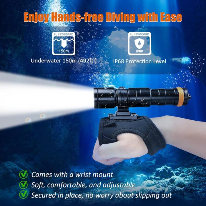 ORCATORCH DC710 Scuba Dive Light Type C Rechargeable, 3000 Lumens Super Bright Underwater Flashlight, IP68 Waterproof Submersible Torch with WS02 Wrist Strap Mount for Hands-Free Diving - Image 6