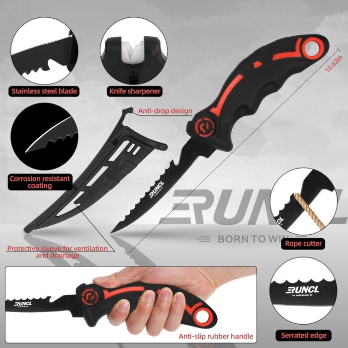 RUNCL 4pc Fishing Tool Kit- Fishing Pliers, Fish Fillet Knife with Sharpener, Fish Lip Gripper, Fishing Braid Scissors, Saltwater Fishing Gear and Equipment with Sheath/Lanyard, Fishing Gifts for Men - Image 3
