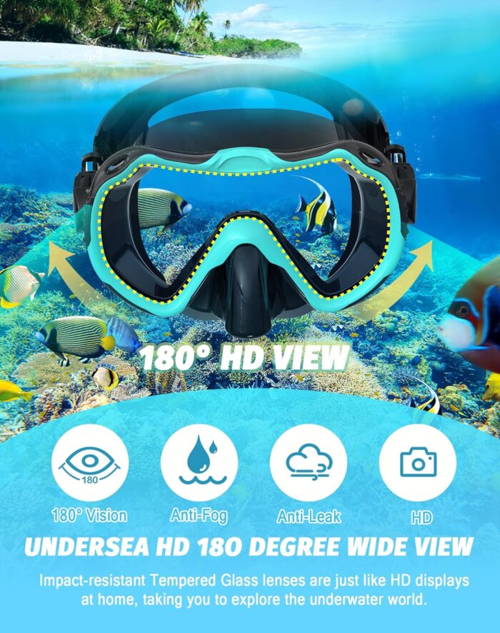 Snorkeling Gear for Adults, Snorkel Mask Set 180° Panoramic View Snorkel Gear, 100% Food-Grade Silicone Anti-Fog Anti-Leak Dry Top Diving Mask for Snorkeling Swimming Scuba Diving - Image 2