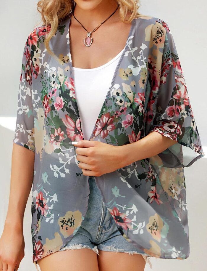 Women's Floral Print Puff Sleeve Kimono Cardigan Loose Cover Up Casual Blouse Tops - Image 5