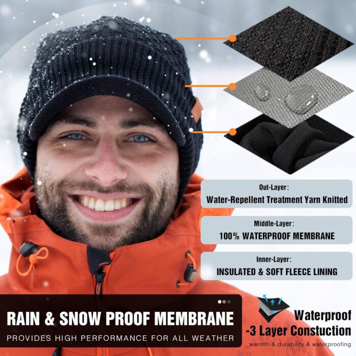 TOP-EX 50% Merino Wool Winter Hats Beanie with Brim Waterproof Warm Fleece Lined for Cold Weather - Image 2