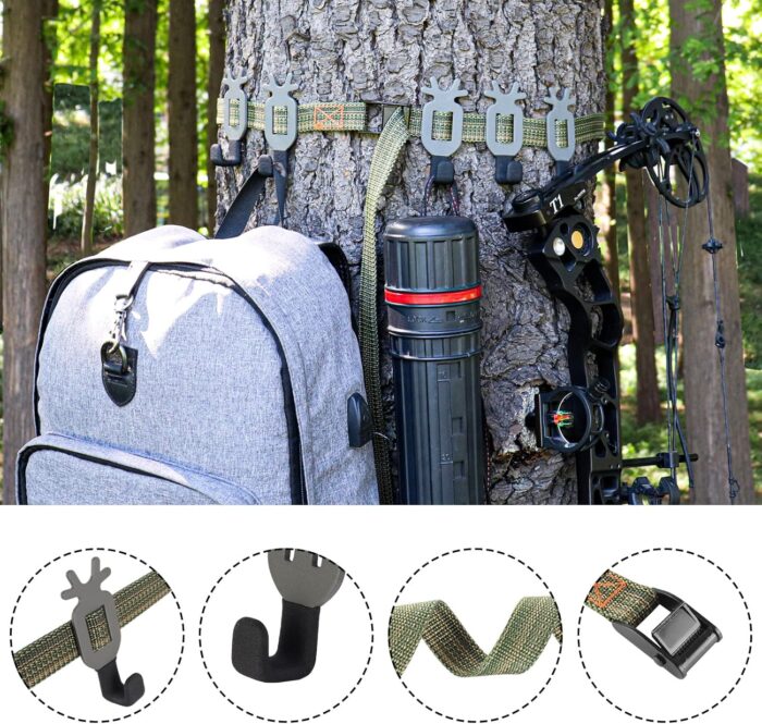 Highwild Treestand Strap Gear Hangers for Hunting Gears Bow - Multi-Hook Accessory Holder - NO Plastic Parts - ON Your Tree in Seconds - 5 Hooks Set - Image 3