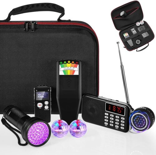 Dunzy 8 Pcs Ghost Hunting Equipment Kit, Include 1 Emf Meter 1 Spirit Ghost Hunting Research Case 1 Voice Recorders 1 Flashlight 1 Speaker 2 Motion Light up Cat Balls and 1 Fm Radio(Emf Meter 1)