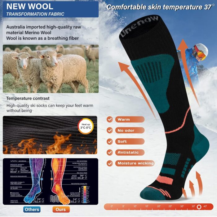 Merino Wool Ski Socks 2 Pairs, Thermal Knee High Warm Socks for Snowboarding, Hiking, Cold Weather, Snow, Hunting - Image 2