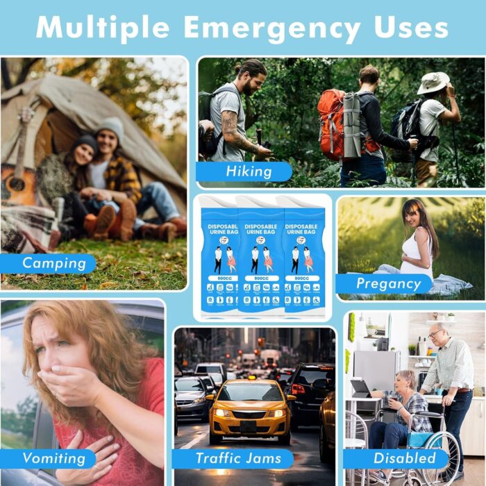 Disposable Urine Bags, 900ML Pee Bags for Women Men Emergency Use, 8/12/24 Pcs Unisex Urine Vomit Bag for Camping, Hiking, Traffic Jams, Road Trips, Pregnant, Patients - Image 6
