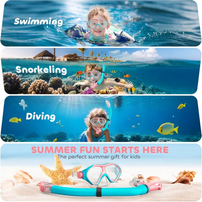 Kids Snorkel Set, Dry Top Snorkeling Gear Kids Swimming Goggles, Anti-Fog Tempered Glass Snorkel Mask with Foldable Breathing Tube, 180 Degree Full View Anti-Leak Diving Mask for Age 6-14, Unisex - Image 6