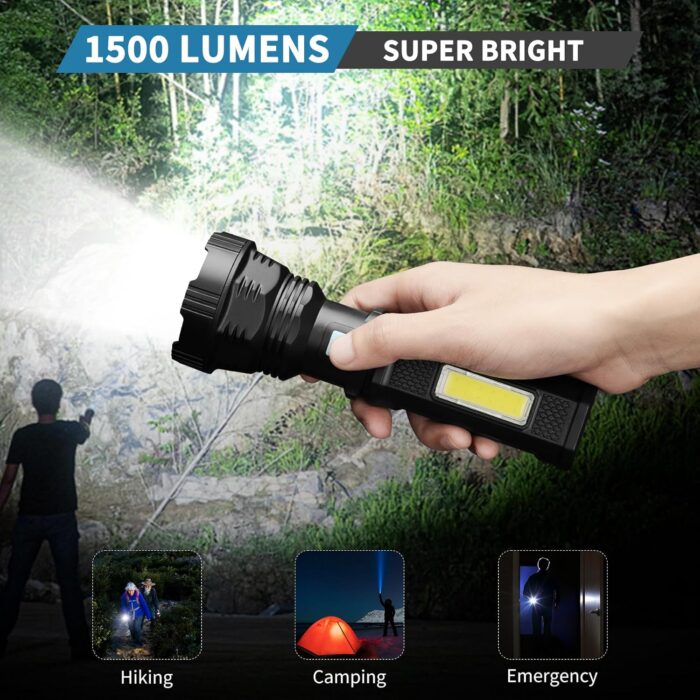Led Solar Flashlight, 1500 Lumens Led Solar Handheld Rechargeable Flashlights with IP65 Waterproof, 2000mAh Battery for Survival Emergencies Camping (1 Pack) - Image 2