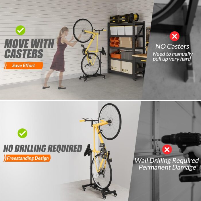 Vertical Bike Stand, Freestanding Indoor Bike Storage Rack Upright Bicycle Floor Stand Indoor Bike Holder with Adjustable Height for Garage & Apartment - for Wheels Sizes up to 29” - Image 2