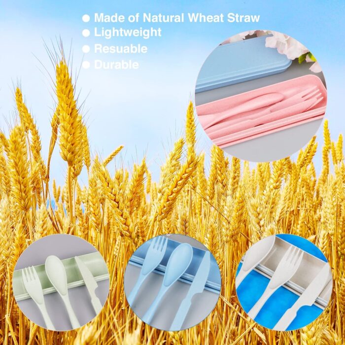 Reusable Travel Utensils Set with Case, 4 Sets Wheat Straw Portable Knife Fork Spoons Tableware, Eco-Friendly BPA Free Cutlery for Kids Adults Picnic Camping Utensils(Green, Beige, Pink, Blue) - Image 5