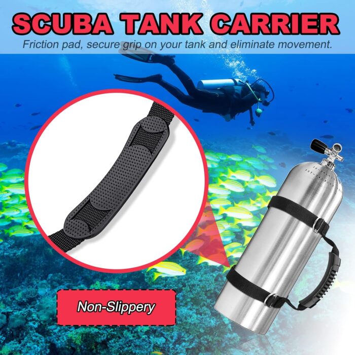 Scuba Diving Tank Carrier, Heavy-Duty Webbing 316 Stainless Steel Adjustable Tank Holder Air Cylinder Carrier Strap with Ergonomic Handle, Non-Slip Pad, and Dive Flag Design Black - Image 3