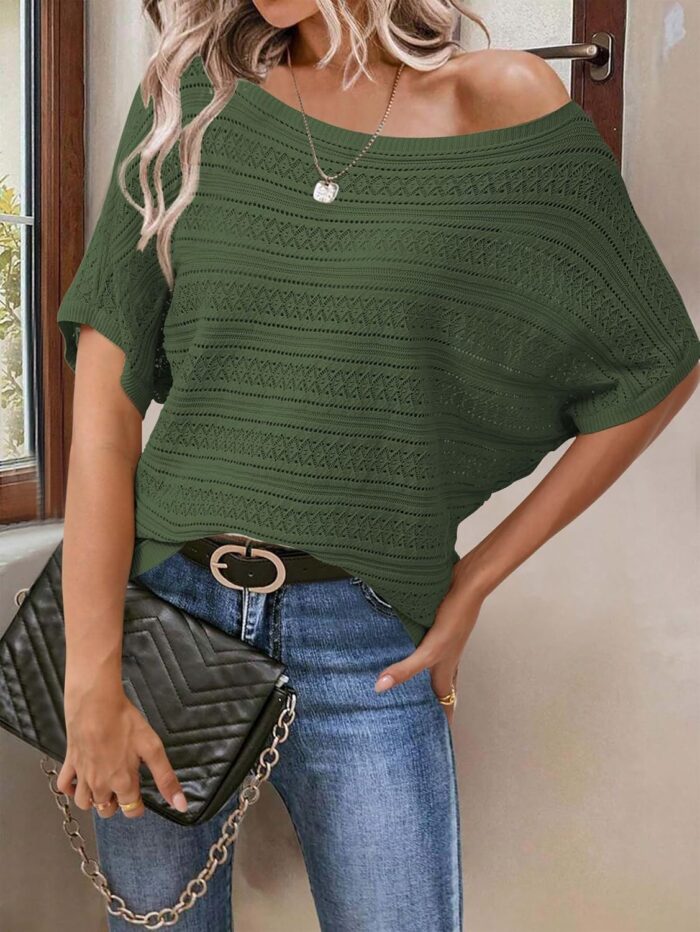 Cakulo Womens Summer Crochet Tops Hollow Out Off The Shoulder Short Sleeve Batwing Knit Spring Sweater Top 2025 - Image 3