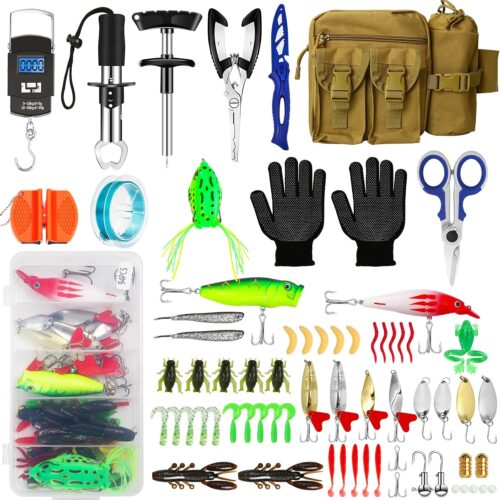 Fishing Tool Kit - 112pcs Fishing Gear & Equipment, Fish Pliers, Hook Remover, Scale, Scissors, Lip Gripper, Lures