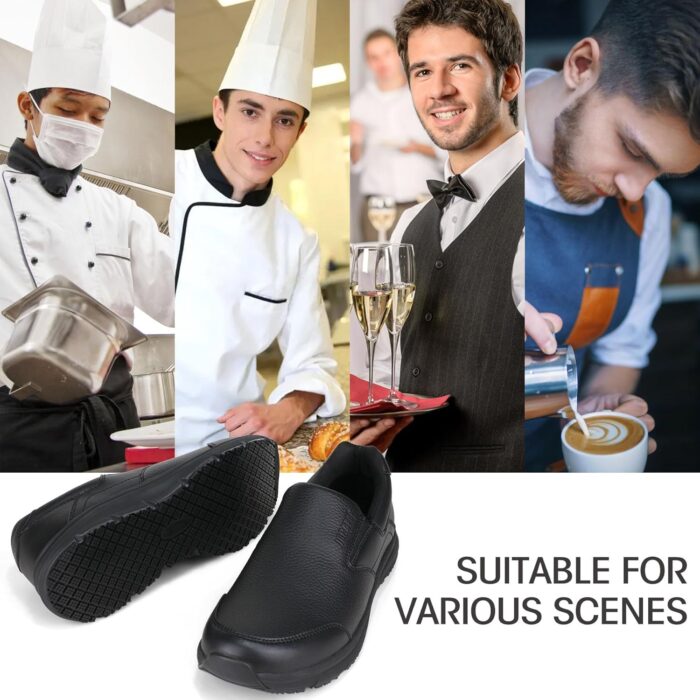 Non Slip Black Work Shoes for Men Food Service Mens Water Slip Resistant Leather Slip on Chef Walking Shoes for Restaurant Kitchen Sneakers - Image 6