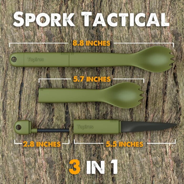 Tapirus Spork Tactical Green | BPA Free Spoon Fork, Stainless Steel Knife and Fire Starter | 3 in 1 multipurpose utensil | Outdoor hiking, camping & backpacking gear | Fit for MRE - Image 3