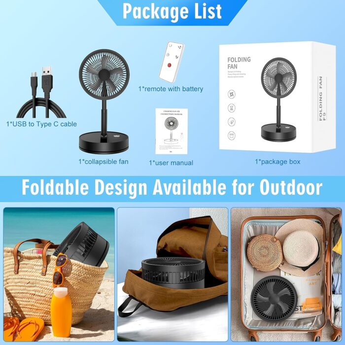 LIPETY Portable Foldable Rechargeable Oscillating Fan - 9" 7200mah Battery Operated USB C Small Fan Remote, Quiet Table Desk Fan Folding Standing Pedestal Fans for Bedroom Rome Office Camping Travel - Image 8