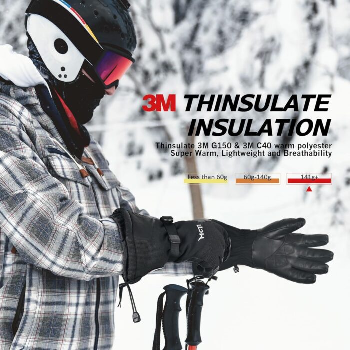 MCTi Leather Ski Gloves Men's Waterproof Touch Screen Long Gauntlet for Snowboarding Mountaineering - Image 3