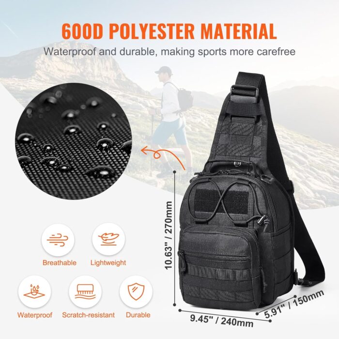 VEVOR Tactical Sling Bag, 10L Military Tactical Shoulder Bag with Molle Design and Waterproof Tactical Backpack, Tactical Shoulder Bag for Men, Caping, Hiking, Hunting and Every Day Carry, Black - Image 3