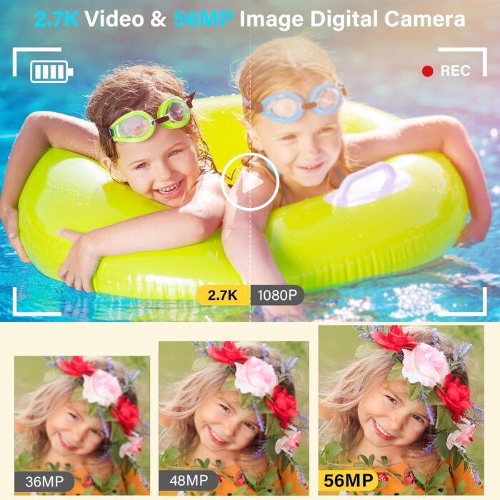 Underwater Camera 2.7K 56MP Waterproof Camera Autofocus with 32GB Card, 16FT Waterproof Digital Camera with 2.7" Screen for Kids, 16X Fill Light Portable Compact Digital Camera for Snorkeling,Blue - Image 2