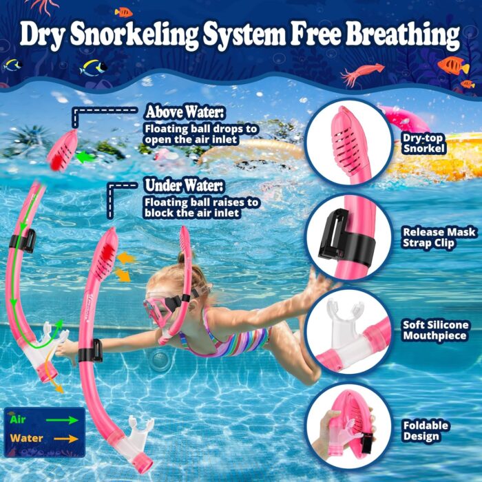 U PHITNIS Kids Snorkel Set for Age 4-14 - Dry Top Snorkeling Gear for Kids Junior & Youth - Childs Diving Mask with Big Eyes for Boys Girls - Anti-Fog Snorkeling Mask and Snorkel Set - Image 6