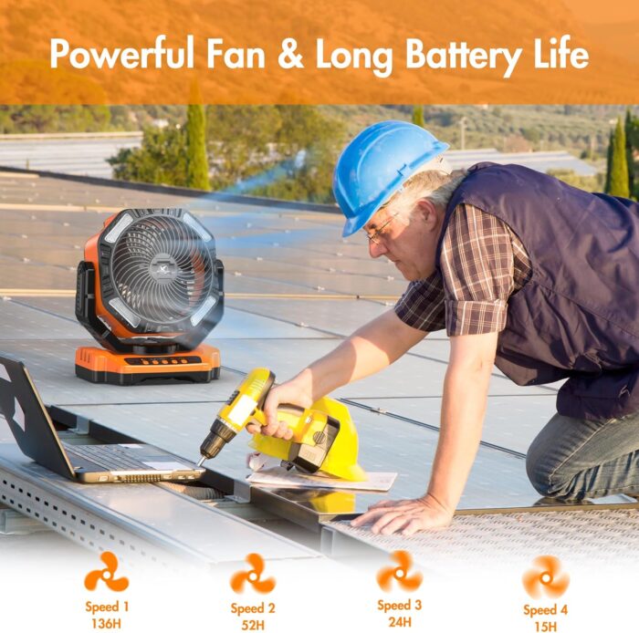 40000mAh Battery Powered Camping Fan - 136H Max Cooling, Rechargeable Battery Operated Oscillating Floor Fan with Charger, Remote & Hook, Portable for Tent Outdoor Patio Garage Hurricane Power Outage - Image 3