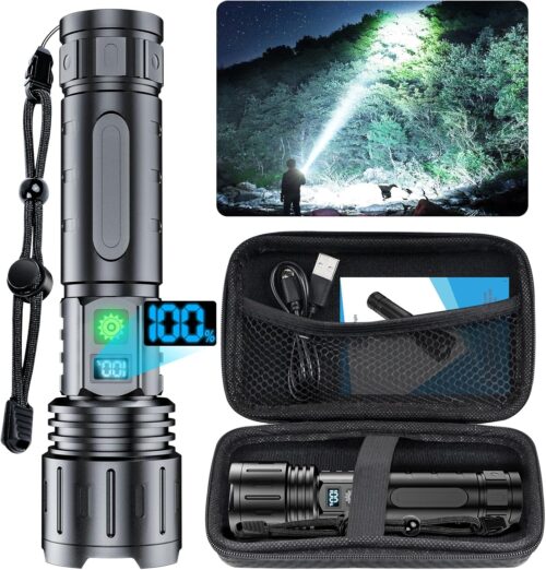 Hoxida Flashlights High Lumens Rechargeable - 2000 Lumens Long Beam Super Bright LED Flash Light with Power Display & IPX5 Waterproof for Camping, 20H Runtime,5 Modes,Zoomable Handheld Flashlight