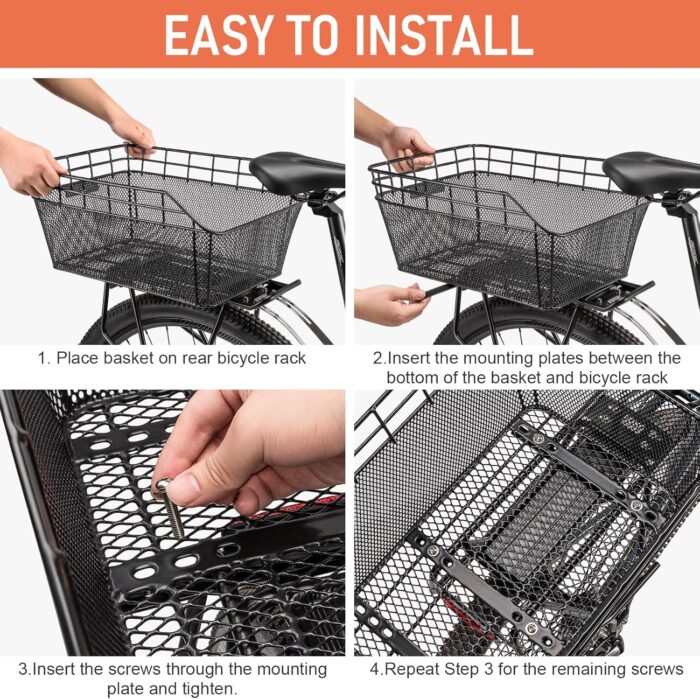 Rear Bike Basket - Large Bicycle Rear Basket with Cargo Net and Waterproof Cover, Wire Bike Baskets Rear Large Capacity (NO Bike Rack Include) - Image 6