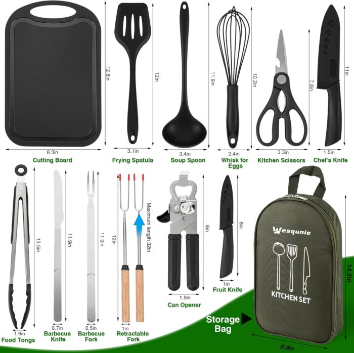 Camping Essentials Cookware Cooking Utensils Set - Portable Camp Kitchen Mess Kit Outdoor Accessories, Stainless Steel & Silicone, Camping Gear Equipment for RV Picnic Grill - Image 5