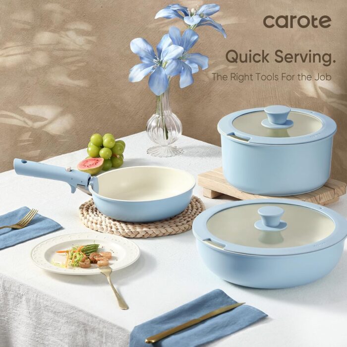 CAROTE Pots and Pans Set, Nonstick Cookware Set Detachable Handle, 15pcs Induction Kitchen Cookware Sets Non Stick with Removable Handle, RV Cookware Set, Oven Safe, Blue - Image 7