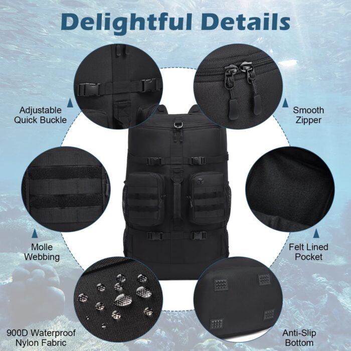 Scuba Diving Backpack - 65L Large Travel Backpack for Scuba Diving and Snorkeling Gear & Equipment Holds Snorkel, Fins, and More, Bag Only (Black) - Image 4