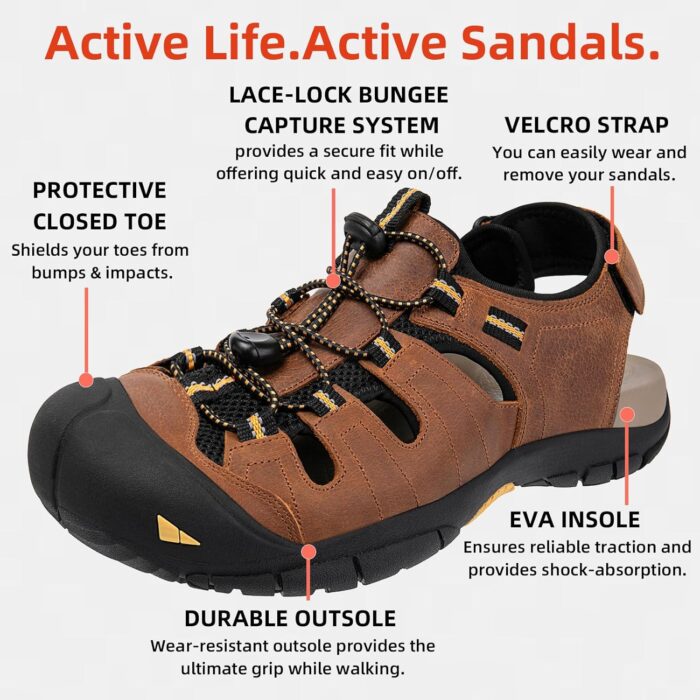 KOIMED Men's Hiking Leather Sandals Closed Toe Water Shoes For Summer Athletic Outdoor Walking Sports Trail River Fishing Wide Adjustable Waterproof Arch Support - Image 2