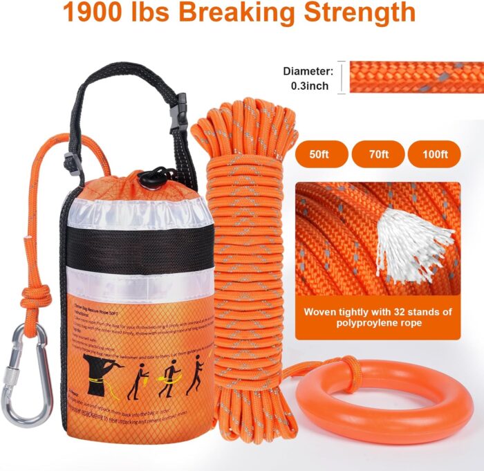 Water Rescue Throw Bag - 3/10 Inch Rope with 50FT /70FT/100FT Length Up to 1900lbs Tensile Strength Throwable Flotation Device - Emergency Safety Equipment for Kayak Raft Boat - Image 8