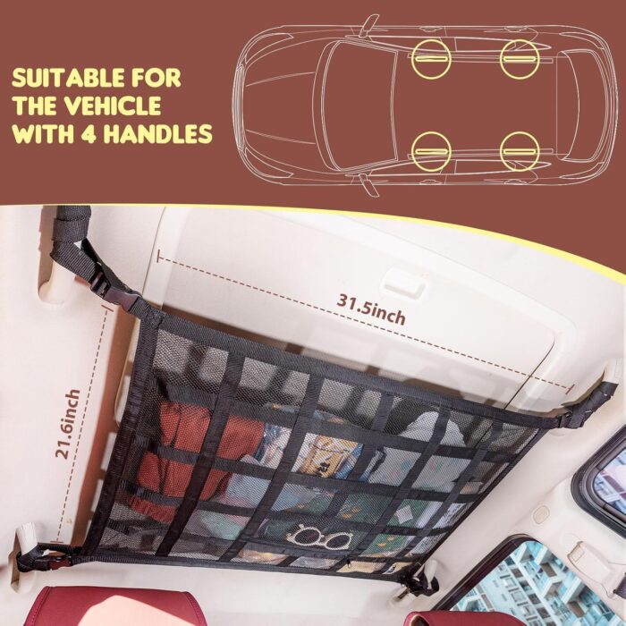 Upgrade Car Ceiling Cargo Net Pocket,31.5"x21.6" Strengthen Load-Bearing and Double-Layer Mesh Car Roof Storage Organizer,Truck SUV Van Travel Long Road Trip Camping Interior Accessories - Image 3