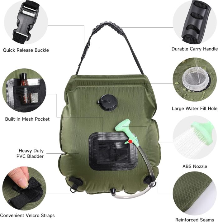 Unniweei Solar Portable Shower Bag, 5 Gal/20L Solar Heating Camping Shower Bag with Removable Hose&On-Off Switchable Shower Head, Compact Camping Shower for Camping, Hiking, Traveling, Beach Swimming - Image 2