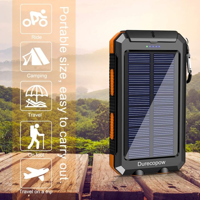 Solar Charger Power Bank, 20000mAh Portable Outdoor Waterproof Solar Battery Charger, Camping External Backup Battery Pack USB C Ports Input/Output, 2 Led Light Flashlight with Compass (Orange) - Image 7