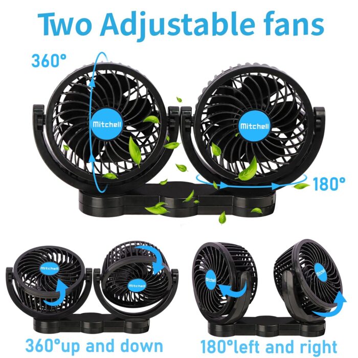 12V Car Fan, Adjustable 4 Inches Dual Head Car Clip Fan for Front/Rear Seat Passenger, 360° Rotatable Cars Fans with Stepless Speed Regulation for Car/Vehicle SUV, RV - Image 3
