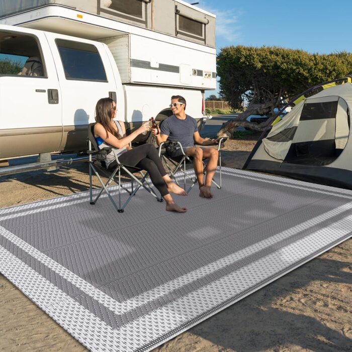 HappyTrends Outdoor Rug Reversible Portable Plastic Straw Camping Rugs for Outside RV,Large Waterproof Outdoor Area Rugs for Patio,Deck,Porch,Balcony(5'x 8',White&Gray) - Image 6