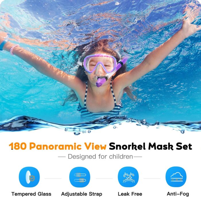 Kids Snorkel Set, Anti-Fog Panoramic Tempered Glass Kids Snorkel mask, Anti-Leak Scuba Diving Mask with Mesh Bag, Dry Top Snorkeling Gear for Kids and Youth Age 4-16 - Image 2