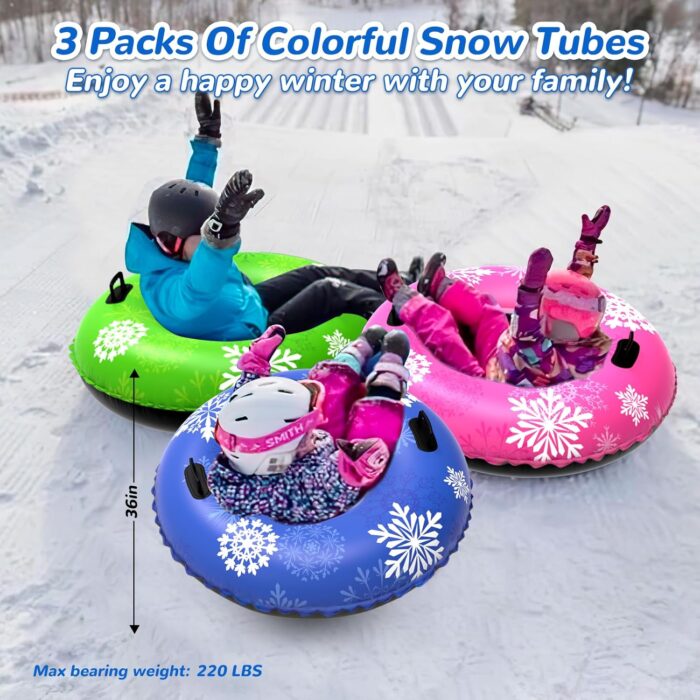 Snow Tube, 3Packs for The Whole Family Inflatable Snow Sled for Kids and Adult, Thickened Heavy Duty Hard Bottom Sleds for Snow with Handles, Winter Toys for Outdoor Sledding Snow Tube Sports - Image 6