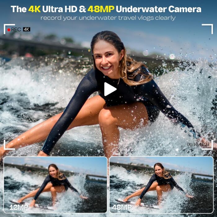 Underwater Camera, Selfie Dual Screens 4K 48MP 11FT Autofocus Waterproof Digital Camera for Snorkeling,16X Zoom, 64GB Card, 2 Batteries, Fill Light (Blue) - Image 2