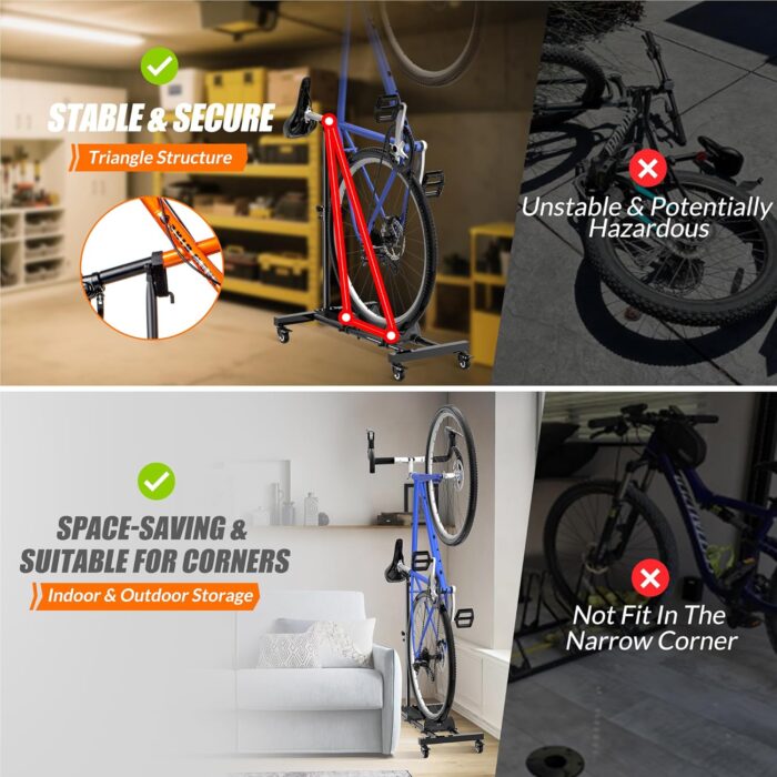 Vertical Bike Stand, Freestanding Indoor Bike Storage Rack Upright Bicycle Floor Stand Indoor Bike Holder with Adjustable Height for Garage & Apartment - for Wheels Sizes up to 29” - Image 3