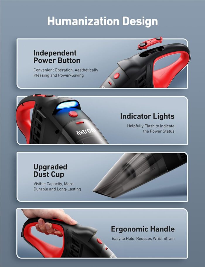 AstroAI Title Car Vacuum Cleaner, Portable Handheld Vacuum and Car Accessories, 16.4 Ft Cord-12V Power, LED Light, w/3 Attachments，Auto Accessories Kit for Interior Detailing for Quick Cleaning (Red) - Image 7