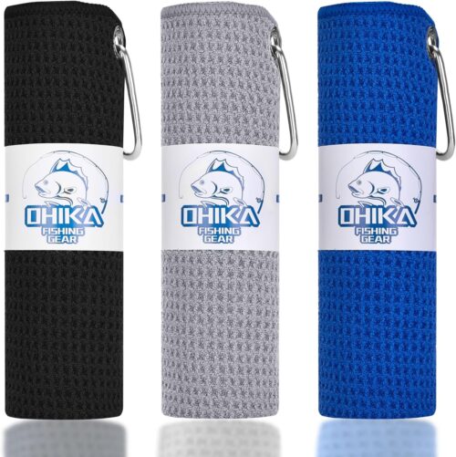 Microfiber Fishing Towels with Clip, Waffle Pattern for Effective Cleaning of Fishing Gears or Dirty Hands, 16” x 16”, Camping Towels, Hiking Towels, Pack of 3 (Black/Grey/Blue)