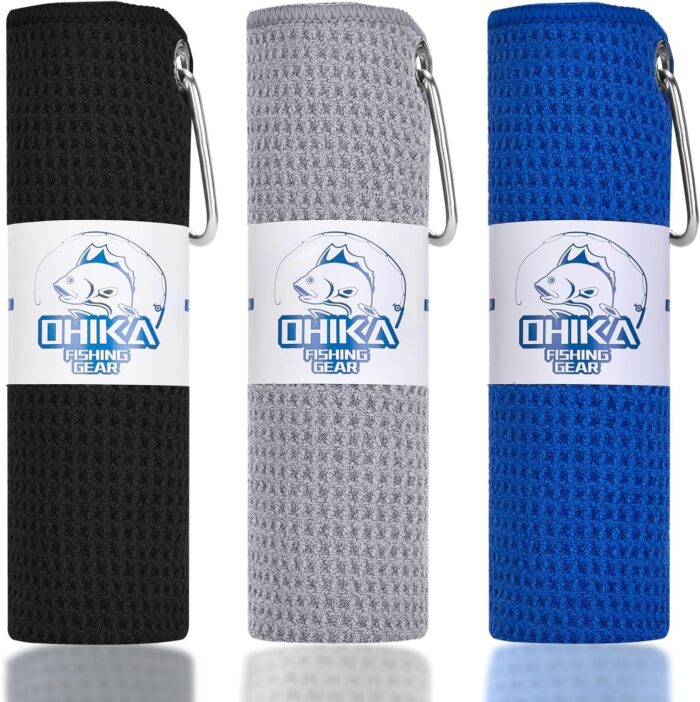 Microfiber Fishing Towels with Clip, Waffle Pattern for Effective Cleaning of Fishing Gears or Dirty Hands, 16” x 16”, Camping Towels, Hiking Towels, Pack of 3 (Black/Grey/Blue)