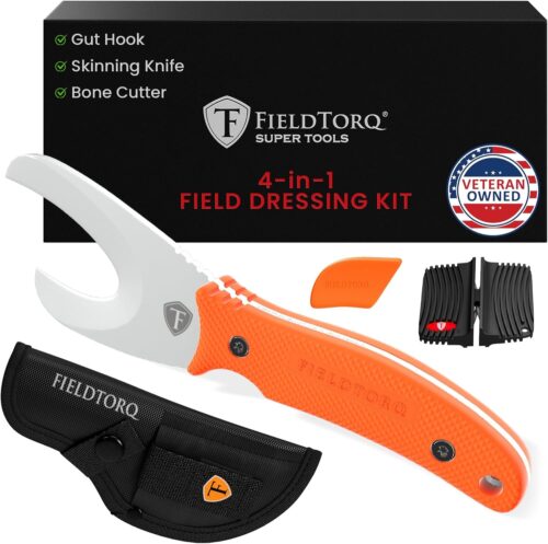 Field Dressing Kit | 4-in-1 Super Tool with Sheath & Sharpener | Skinning Knife for Hunting | Gut Hook | Deer Hunting Knife Set | FRN