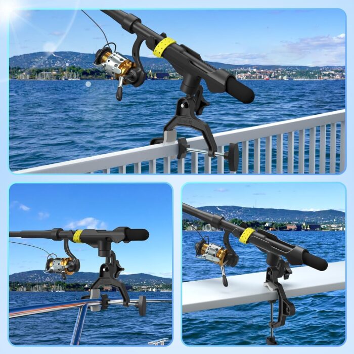 Upgraded Fishing Rod Holder with Button-Lock 360° Dual Rotation, Universal Silicone Strap & Enlarged V-Clamp – Fits Round/Square Tubes, Secure Adjustable Boat Fishing Gear for All Rod Sizes - Image 7