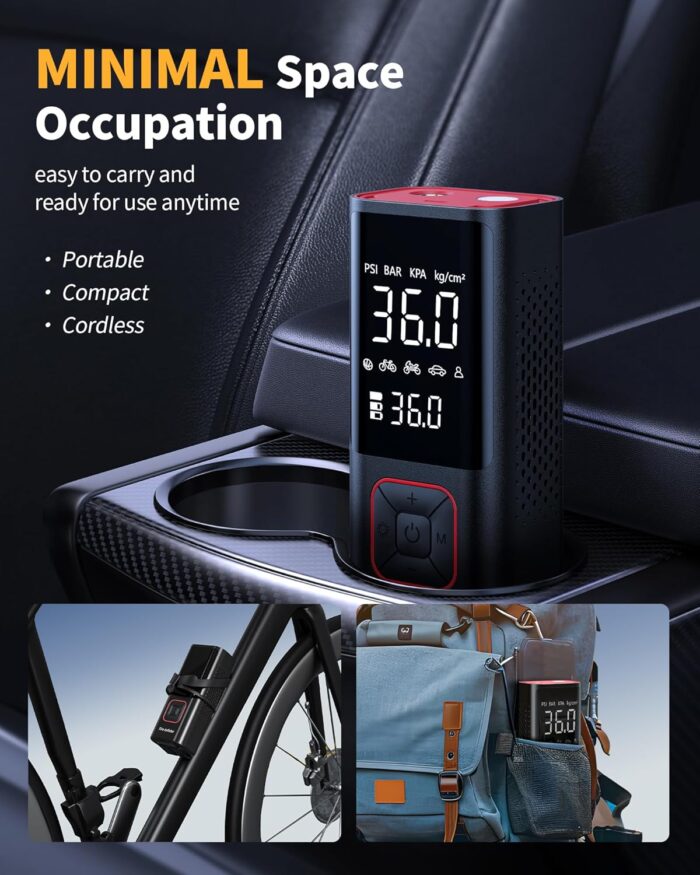 Cordless Tire Inflator Portable Air Compressor - 150PSI Air Pump with Auto Shutoff Function for Car Tires, Inflatables, Motorcycle, Balls, Compact Bike Tire Pump with LED Light, Red, Large - Image 7