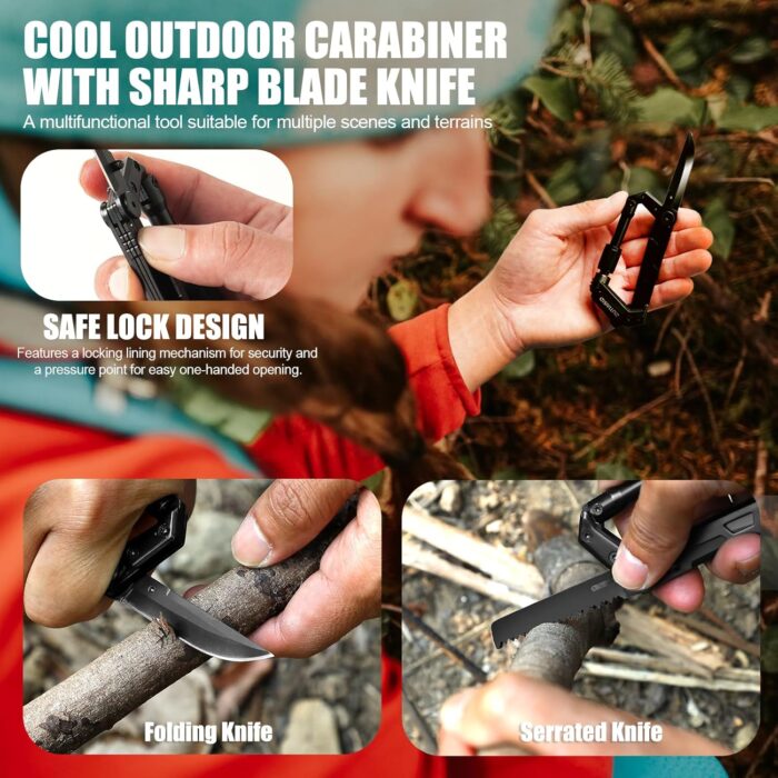 Carabiner Multitool 8-in-1 EDC Carabiners Pocket Knife, Serrated Knife, Rope Cutter, Screwdriver, Can Bottle Opener, Ruler, Survival Gear for Camping Climbing, Christmas Gifts for Men Women (Black) - Image 5