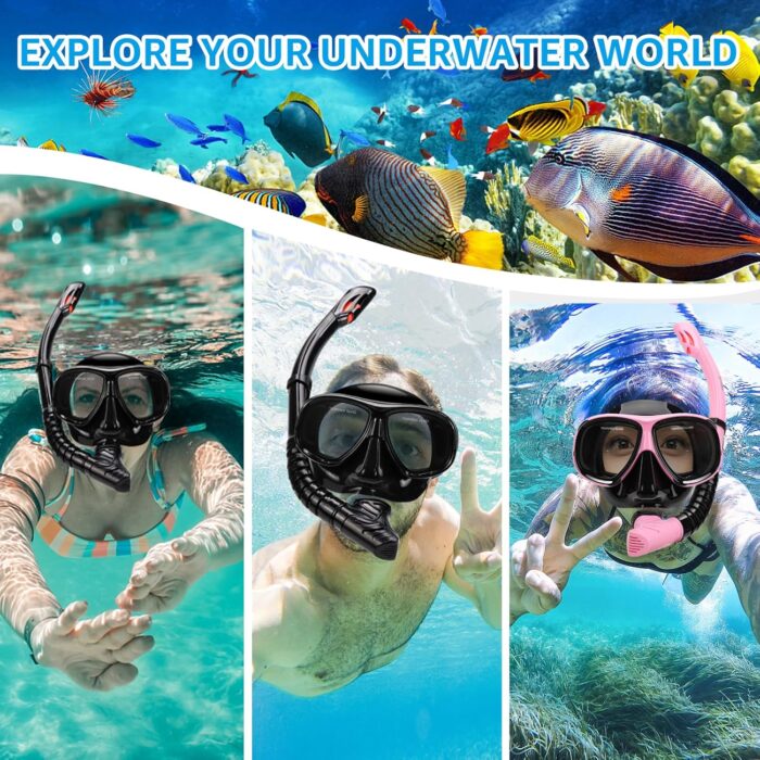 Snorkeling Gear for Adults, Snorkel Mask Adult Set Wide View Scuba Mask Anti-Leak and Anti-Fog Tempered Glass Lens Dry Top Mask Nose Cover for Youth (Black) - Image 7