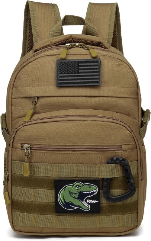 Kids Tactical Backpack Army Molle Bookbag Military Boys Backpack for School, Outdoor, Camping (Includes 2 Patches +1 Carabiner), Brown