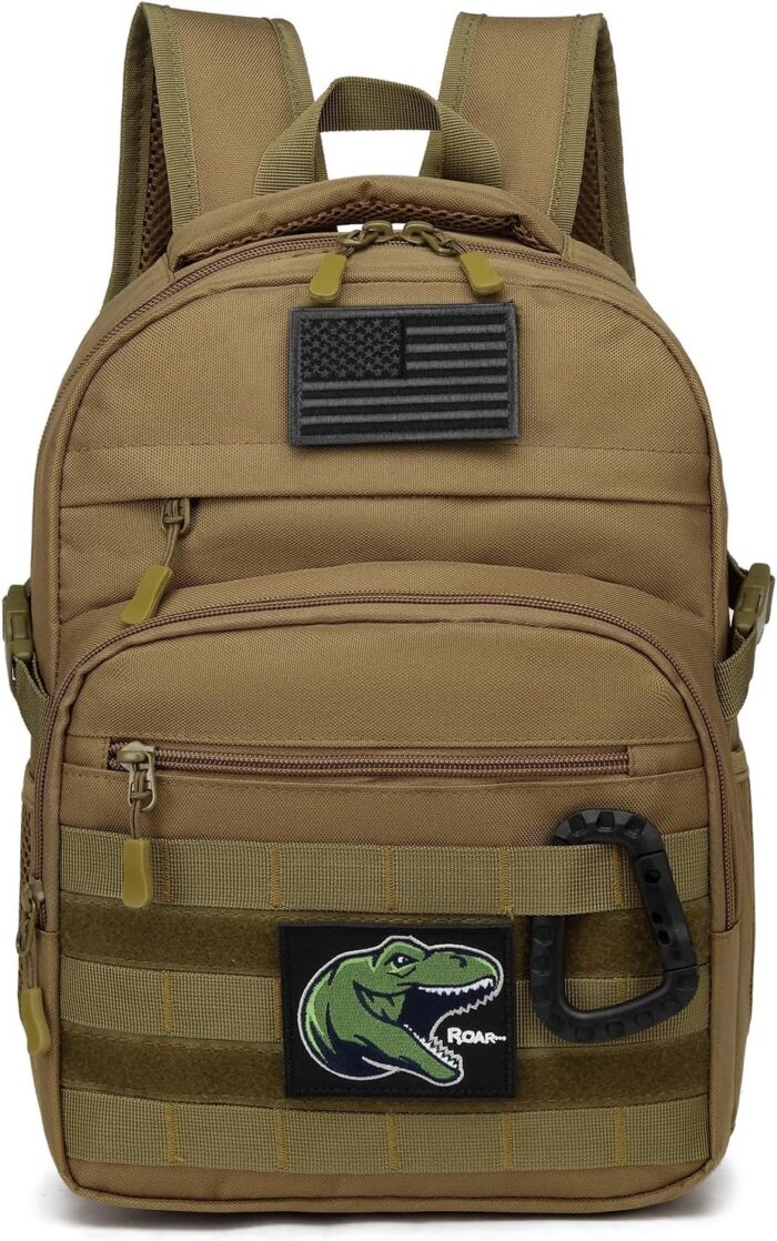 Kids Tactical Backpack Army Molle Bookbag Military Boys Backpack for School, Outdoor, Camping (Includes 2 Patches +1 Carabiner), Brown
